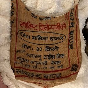 Burlap tote, crossbody, recycled rice bag, Nepal - not “rice love”